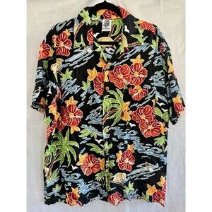 Vintage Kennington Hawaiian Shirt Mens Large Short Sleeve Button Up Black Floral